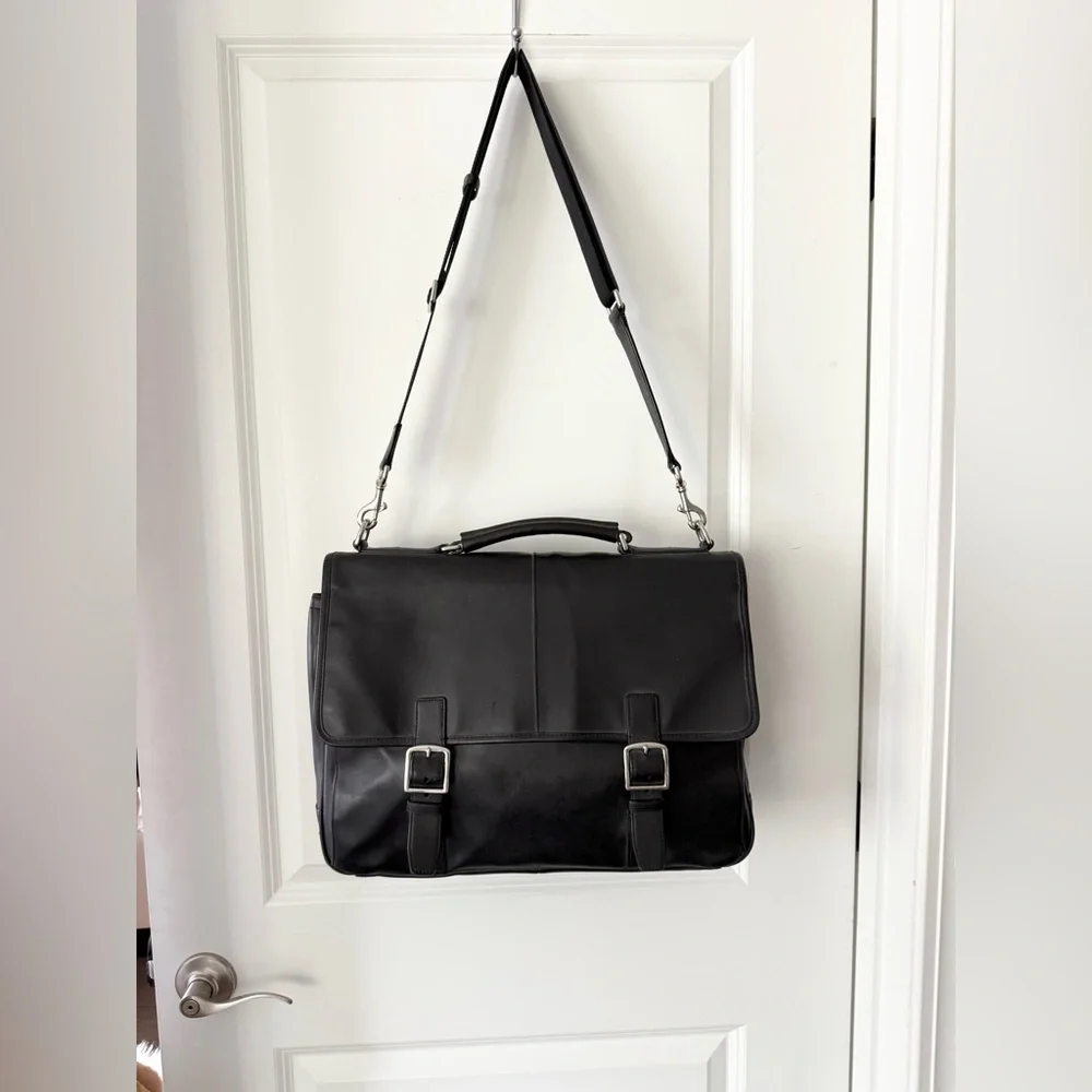 COACH F70666 Lexington Flap Top Black Leather Briefcase/laptop Bag Buckle Detail